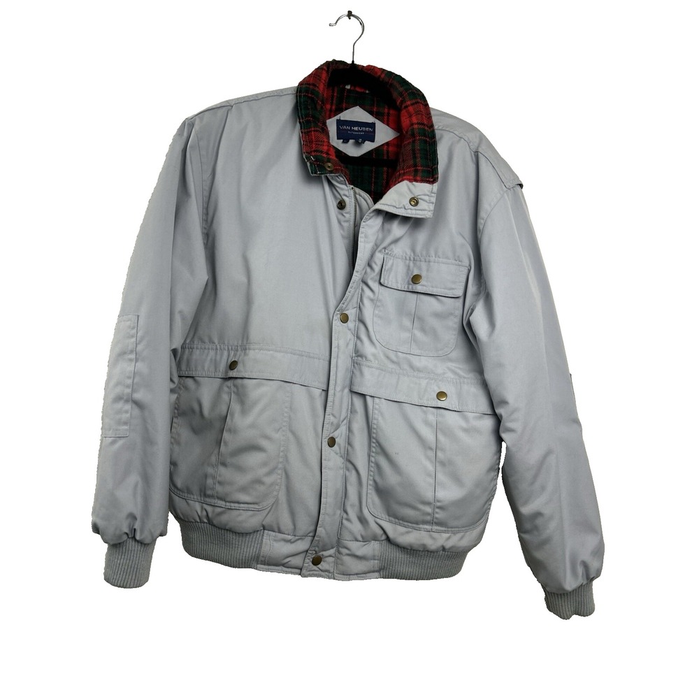 Vintage Van Heusen Mens Bomber Jacket L Gray Red Plaid Flannel Lined 90s